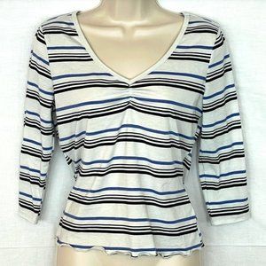 Blue & Black Striped Long Sleeve Fashion V-Neck